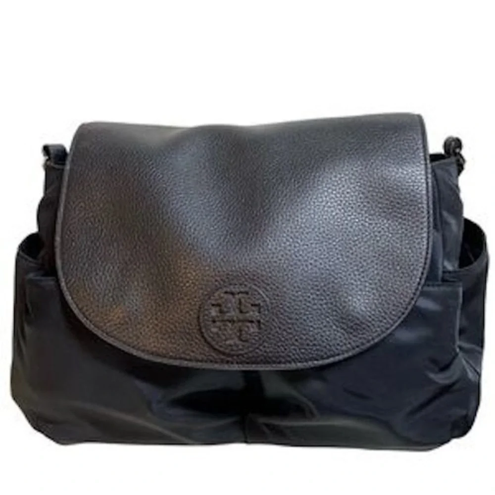 Tory Burch Black Nylon Leather Messenger Diaper Bag Crossbody Baby Travel Tote
